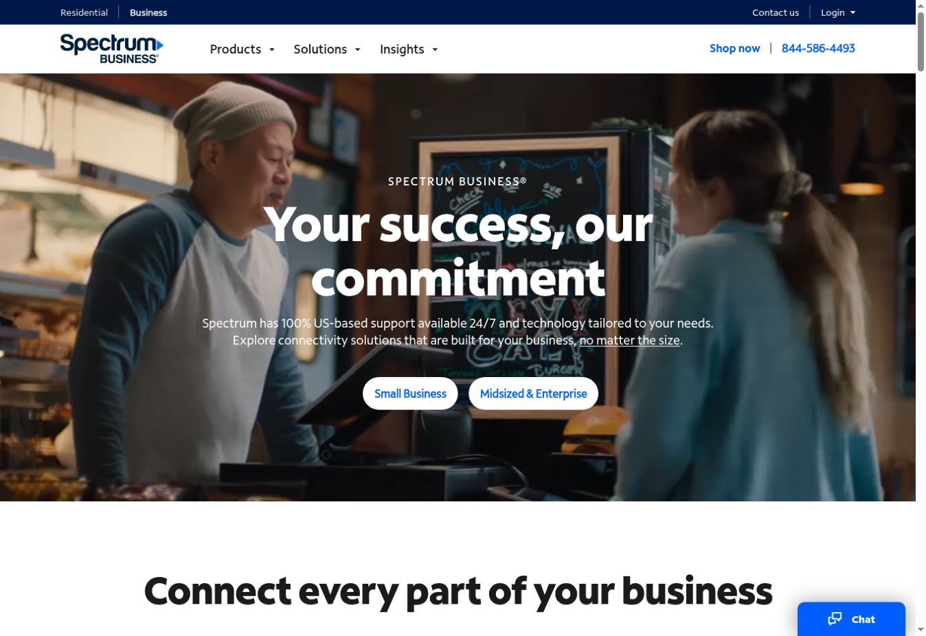 Spectrum Business unified homepage with distinct Small Business and Mid-market & Enterprise paths