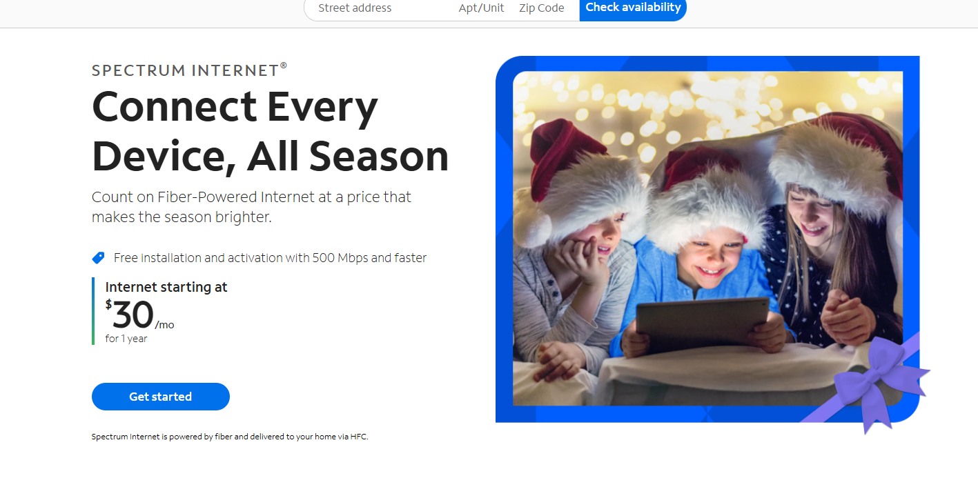 Spectrum Internet Holiday landing-page hero: Connect Every Device, All Season